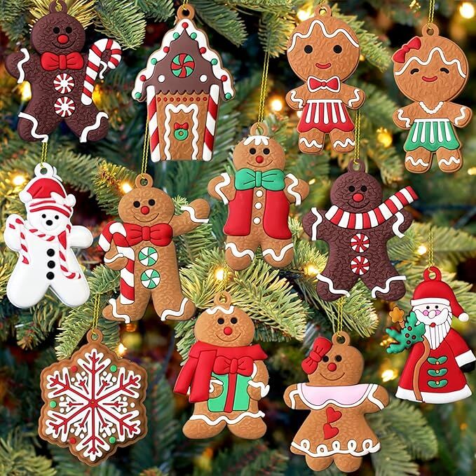 24pcs Christmas Ornaments Cute Snowman Xmas Tree Decorations Santa Claus Plastic Figurines Ornaments with Sugar Cookie House for Christmas Tree Hanging Party DIY Decor 3 Inch Tall