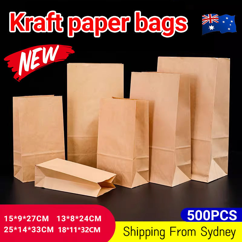 500PCS Kraft Food Paper Bags Brown Flat Bottom Lunch Bags Party Favour Bag - 500PCS-15*9*27CM