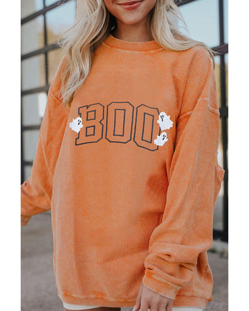 Orange Embroidered BOO Ghost Corded Halloween Sweatshirt - M