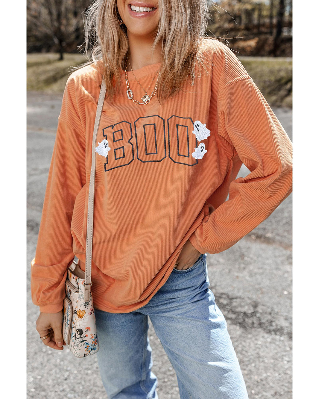 Orange Embroidered BOO Ghost Corded Halloween Sweatshirt - XL