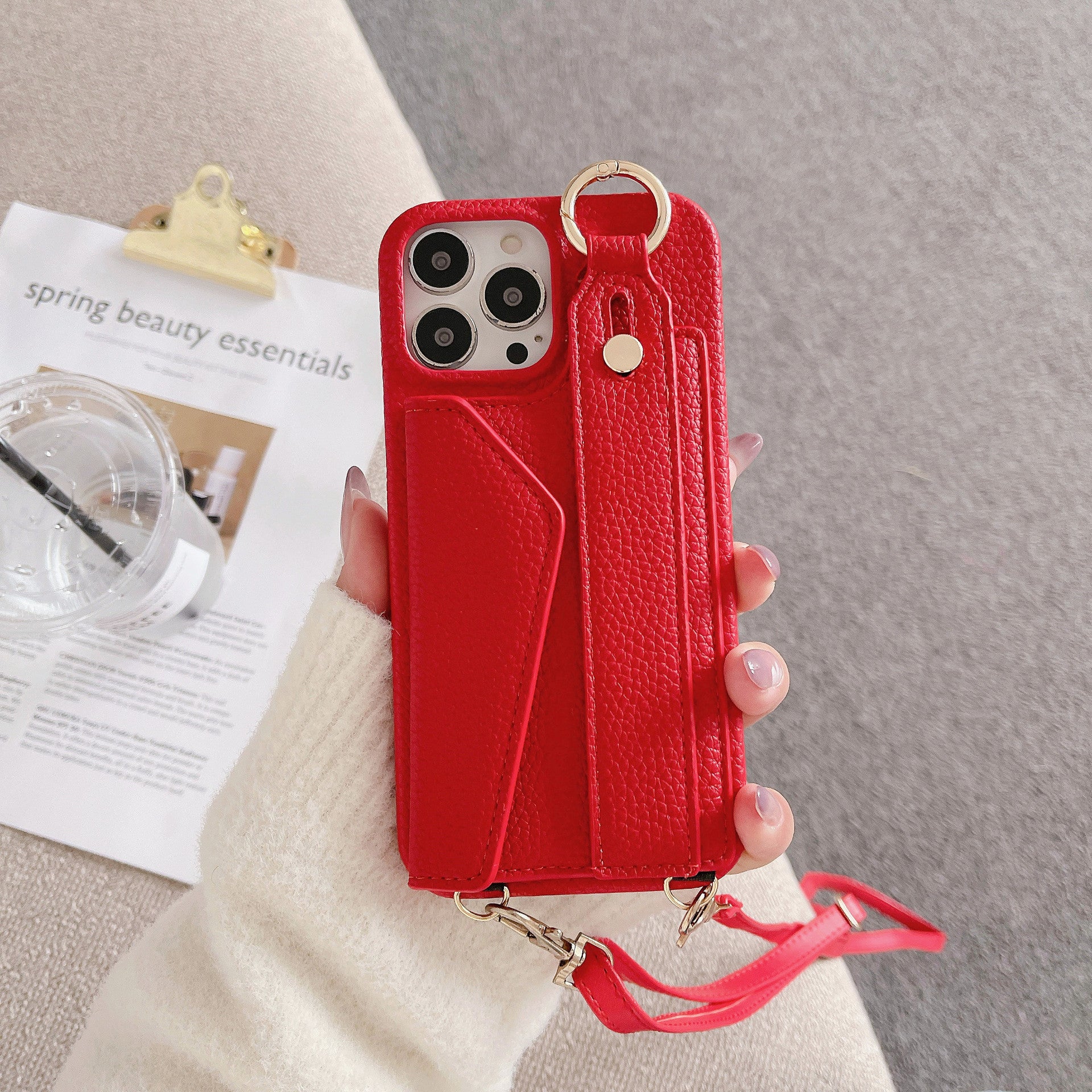 Red Chic PU Leather Crossbody Wallet Case for iPhone 16 Pro - Card Holder with Detachable Strap & Finger Ring Grip