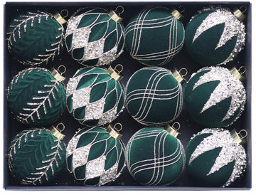 Green 12-Piece 8cm Christmas Bauble Set - Colorful Flocked Tree Ornaments