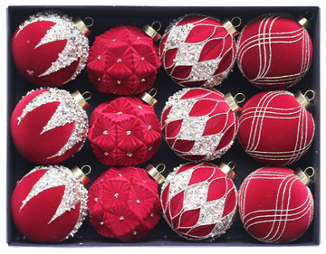 Red 12-Piece 8cm Christmas Bauble Set - Colorful Flocked Tree Ornaments