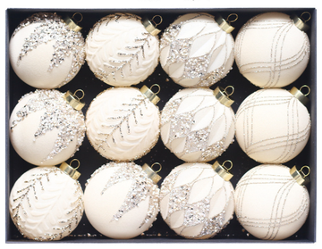 Beige-yellow 12-Piece 8cm Christmas Bauble Set - Colorful Flocked Tree Ornaments