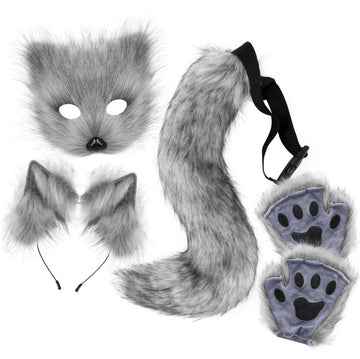 Dark grey Halloween Furry Fox Costume Set - Plush Mask, Ears Headband, Tail, and Paws for Cosplay