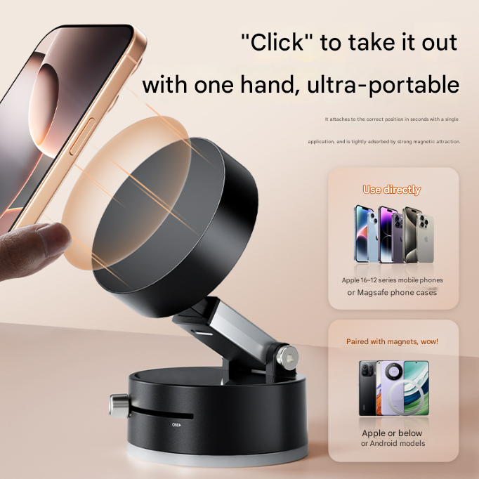 Black Multi-Functional Vacuum Suction Cup Stand - Foldable, Extendable Kitchen Lazy Person's Dual-Sided Magnetic Phone Holder