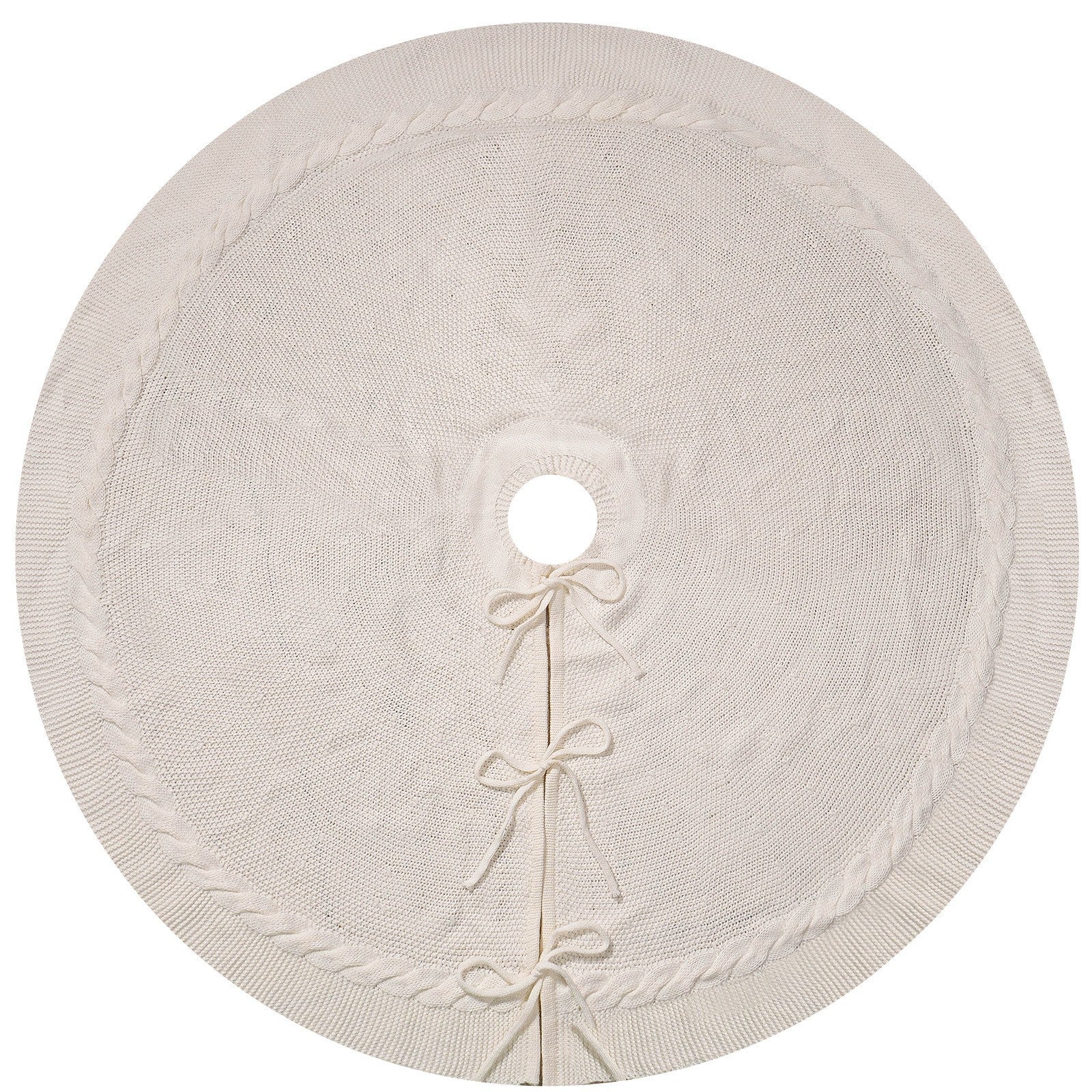 White Luxury Knit Christmas Tree Skirt with Cable-Knit Border - Rustic Holiday Decor(122cm)