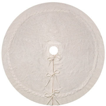 White Luxury Knit Christmas Tree Skirt with Cable-Knit Border - Rustic Holiday Decor(122cm)