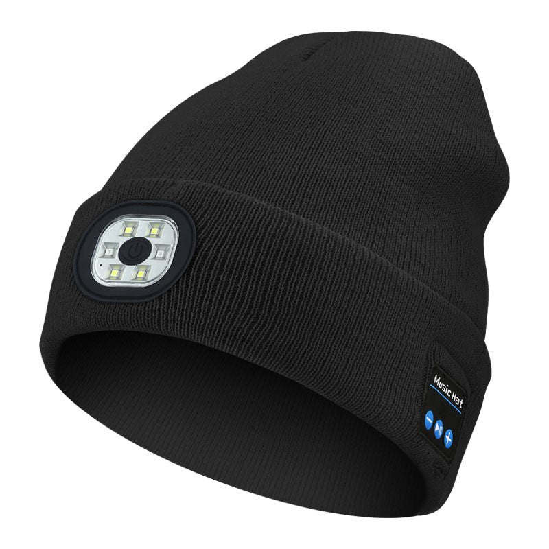 Black Wireless Bluetooth Beanie Hat with USB Rechargeable LED Headlight - Unisex Knit Cap for Running & Camping