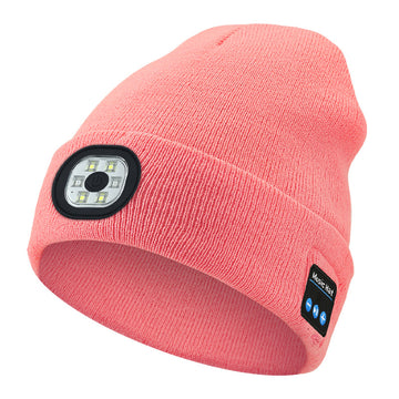 Pink Wireless Bluetooth Beanie Hat with USB Rechargeable LED Headlight - Unisex Knit Cap for Running & Camping