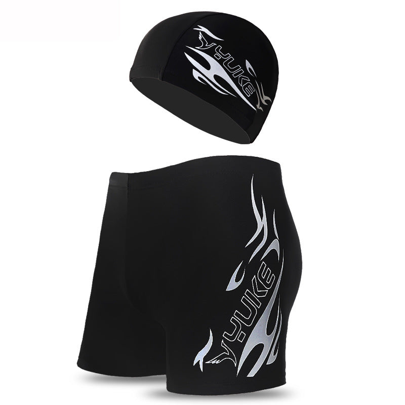 Silver Men's Athletic Swim Trunks and Cap Set with Dynamic Graphic Print(4XL)