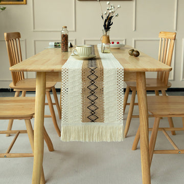 2-PCS Rhombus Bohemian Woven Table Runner with Tassels - Rustic Farmhouse Decor for Dining & Coffee Tables