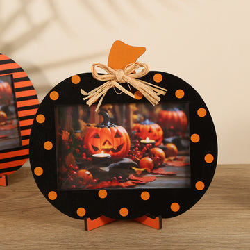 Black and Orange Polka Dot Pattern Festive Pumpkin Photo Frame - Rustic Halloween Tabletop Picture Holder