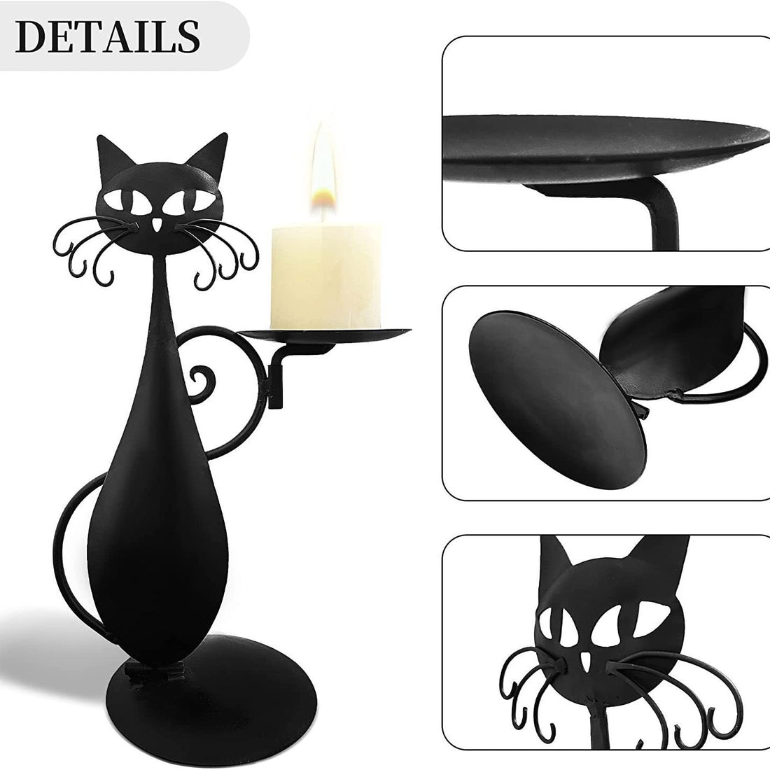 Vintage Black Cat Metal Candle Holder - Rustic Farmhouse Home Decor Candlestick Ornament