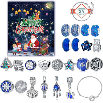 Christmas Advent Calendar DIY Charm Bracelet Kit - 24 Days of Surprise Jewelry (Blue Starry Night Theme)