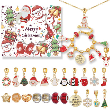 Gold Christmas Advent Calendar DIY Jewelry Kit - 24 Surprises with Gold-Tone Charm Bracelet & Necklace