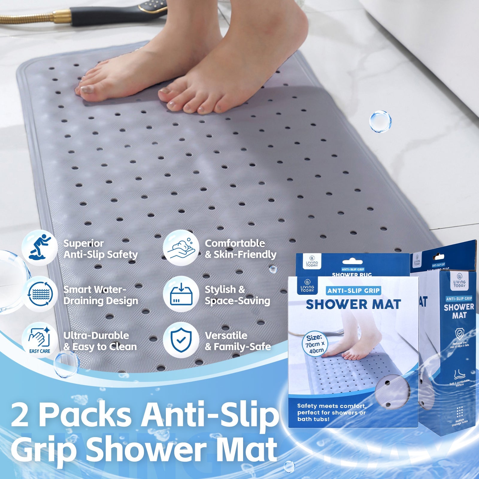 2Pack 70×40 cm Anti‑Slip Grip Shower Mat Quick‑Dry Bath Mat with 100+ Suction Cups