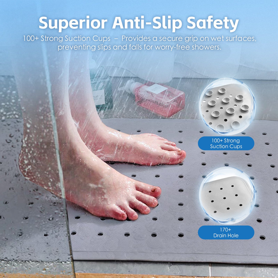 2Pack 70×40 cm Anti‑Slip Grip Shower Mat Quick‑Dry Bath Mat with 100+ Suction Cups