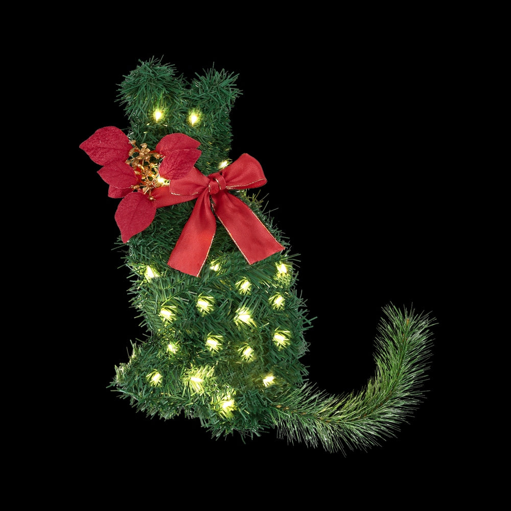 Jingle Jollys Cat Christmas Wreath Pre-lit 20 LED Xmas Decor Bow Flower 35x30cm
