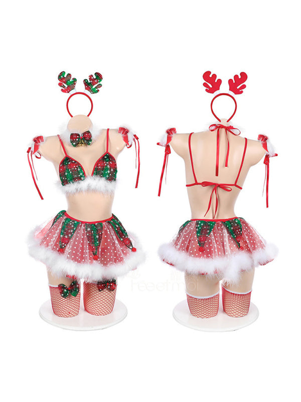 Festive Plaid Sheer Lingerie Set with Bow