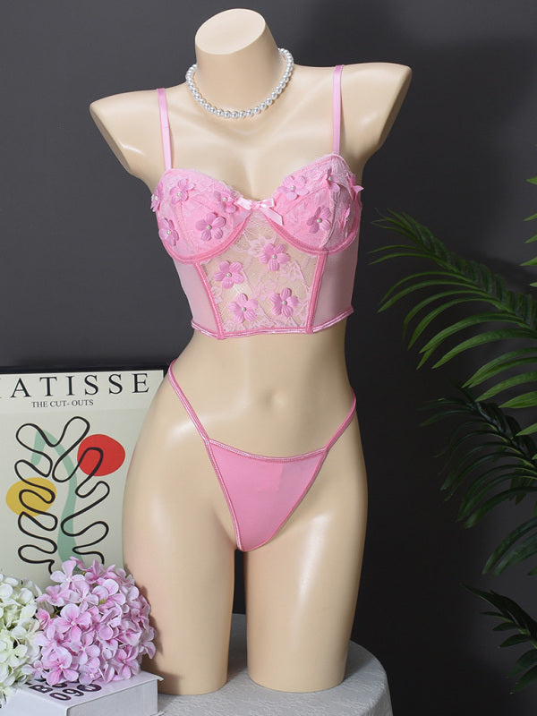 Floral Embroidered Bow Sexy Lingerie Set