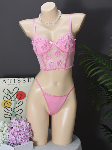 Floral Embroidered Bow Sexy Lingerie Set