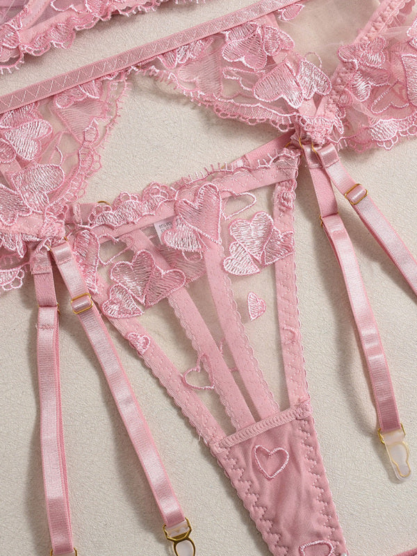 Heart-shaped embroidered sexy lingerie four-piece set