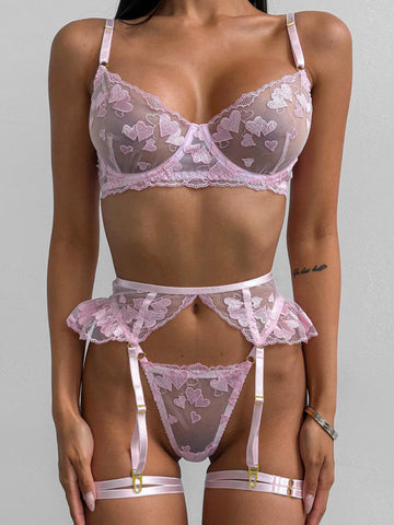 Heart-shaped embroidered sexy lingerie four-piece set