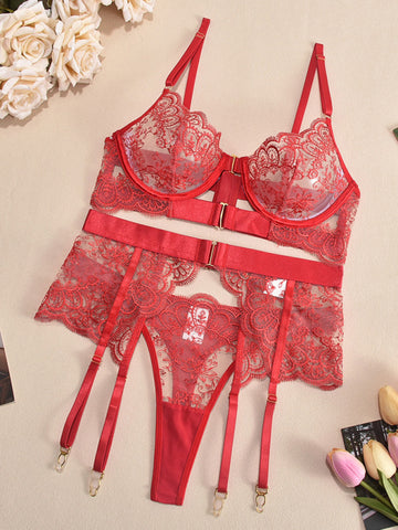 Sexy Embroidered Metal Button Sexy Transparent Lingerie Set