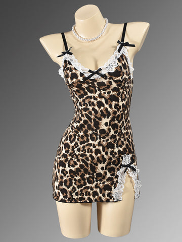 Leopard print sexy nightdress with slit legs and bowknot on chest pajamas sexy lingerie