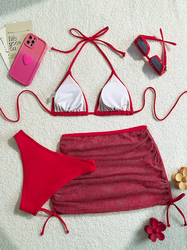 Sexy backless solid color bikini three piece set