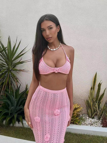 Beach vacation bikini two-piece set flower strappy long skirt hand-crocheted flower set