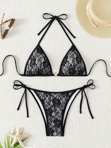 Black lace halter bikini