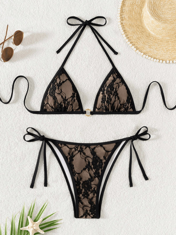 Black lace and nude backless bikini