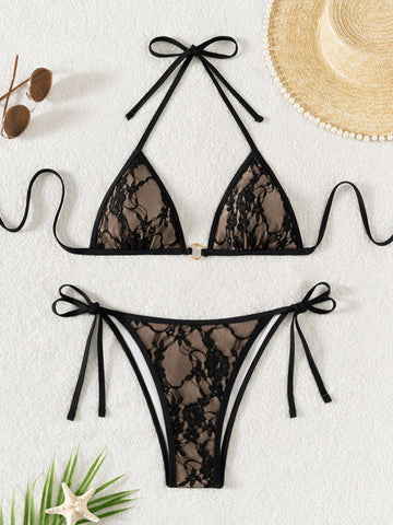 Black lace and nude backless bikini