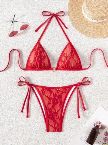 Red lace halter bikini