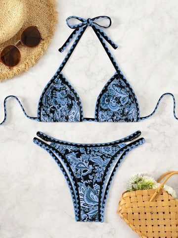Dark blue printed halter neck sexy bikini