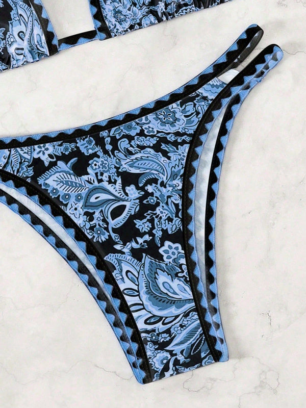 Dark blue printed halter neck sexy bikini