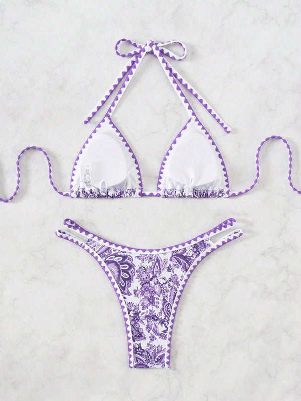 Purple Printed Halter Neck Sexy Bikini