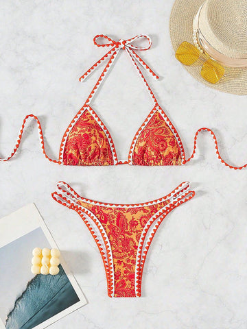 Orange Printed Halter Neck Sexy Bikini