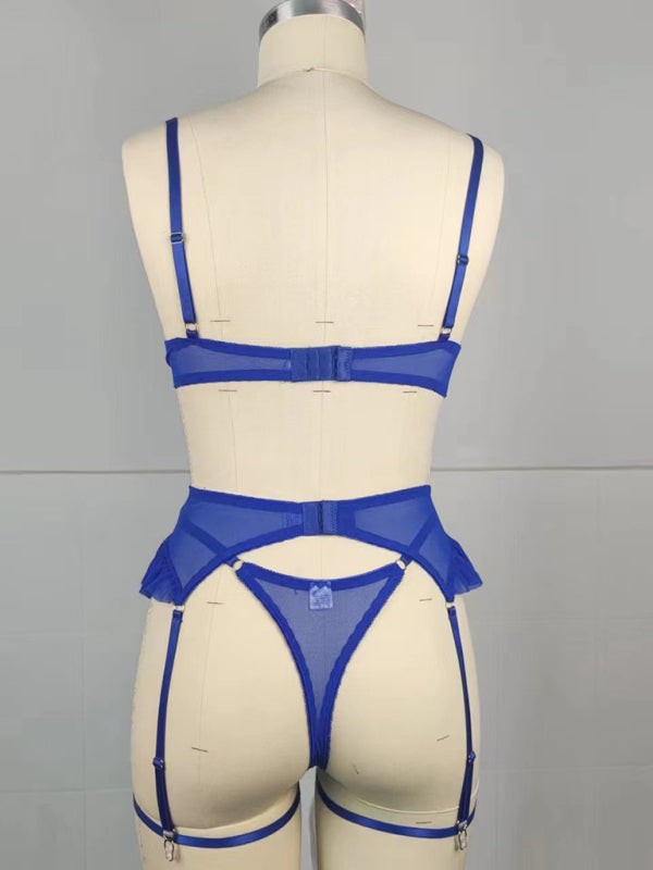 Sexy French Embroidered Flowers Ultra-thin Gathered Sexy Lingerie See-through Thong Bra Set