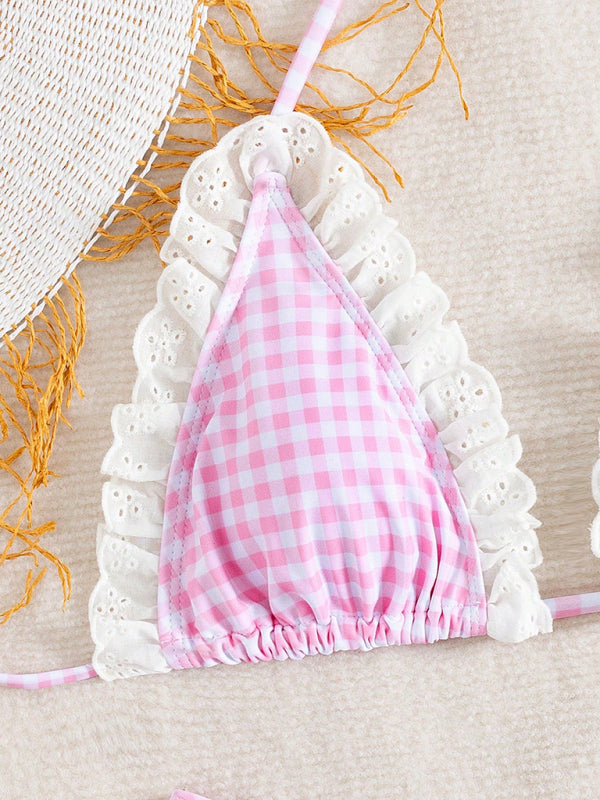 Lace plaid halterneck bikini ruffled holiday split swimsuit two-piece set