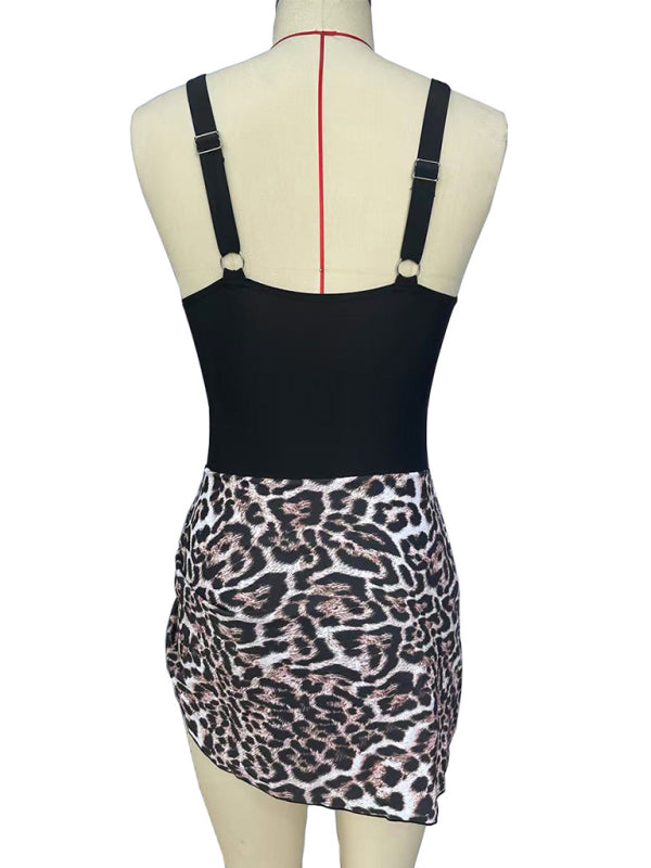 Sexy slim skirt-style leopard print one-piece swimsuit bikini