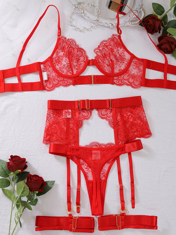 See-through embroidered lace sexy lingerie four-piece set