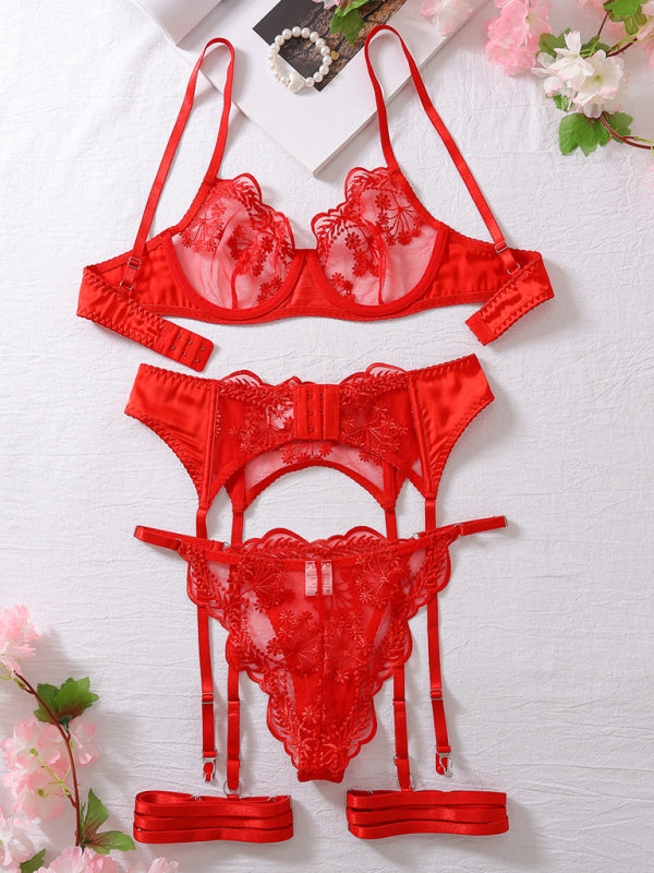 Fashionable embroidery patchwork sexy body-shaping lingerie four-piece set